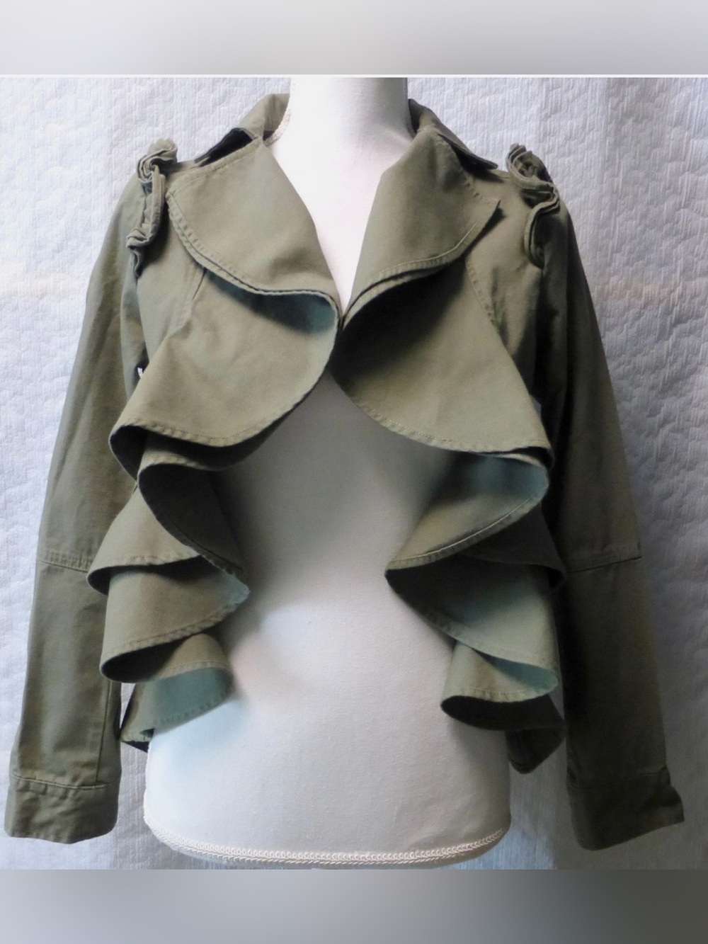 Guest Editor Women's Designer Khaki Army Green Free Style Ruffle Jacket Size M